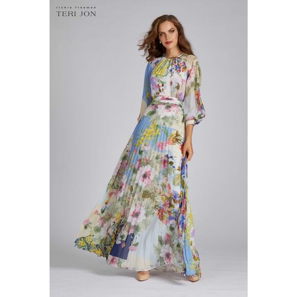 Teri Jon Dresses & Skirts - Teri Jon Rickie Freeman Patchwork Print Pleated Floral Chiffon Maxi Gown